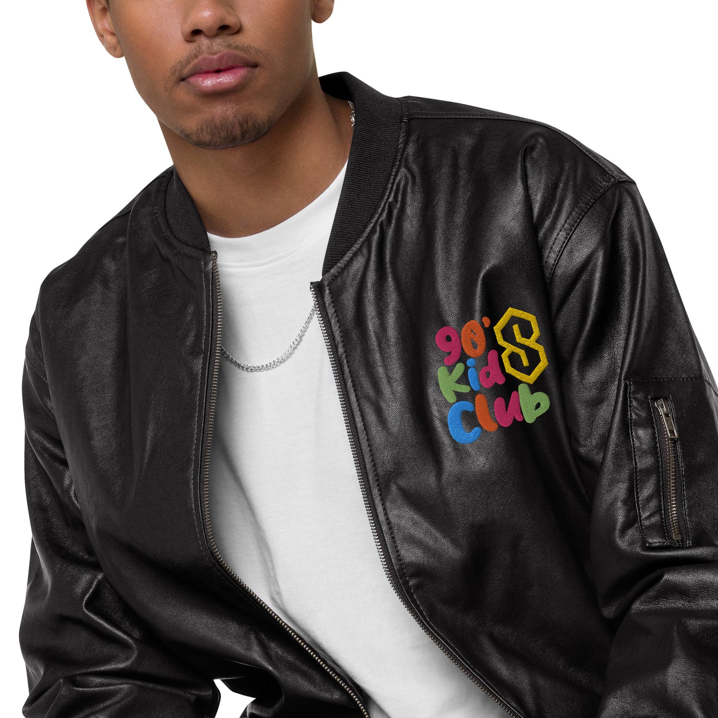 90s Kids Club Leather Bomber Jacket